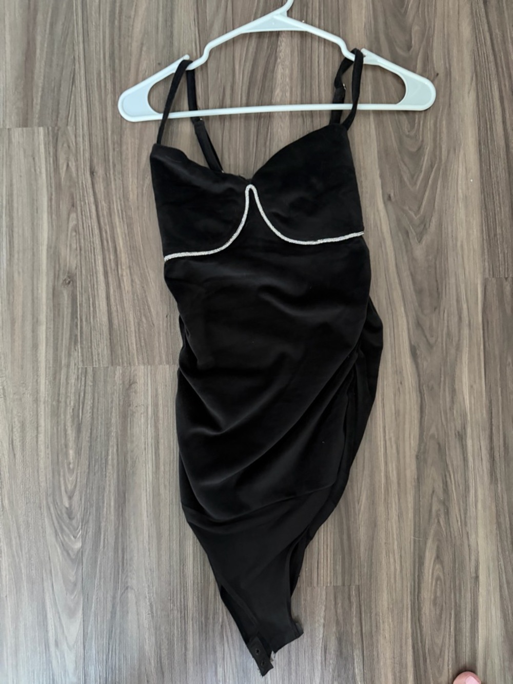 NWOT European Black Velvet bodysuit with Rhinestone Trim Size Medium